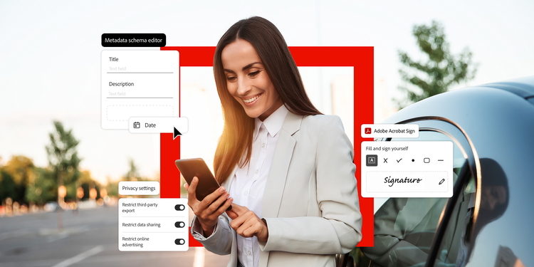 A businesswoman uses her smartphone outdoors with overlaid Adobe Acrobat tools showcasing e-signature, metadata editing, and privacy settings.
