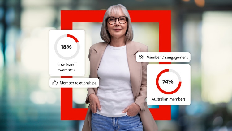 Woman in front of a blurred office background, framed by a bold red square. Floating graphics display statistics around her.