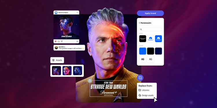 Branded design tools with Star Trek character and social media templates in Adobe Express for Paramount+.