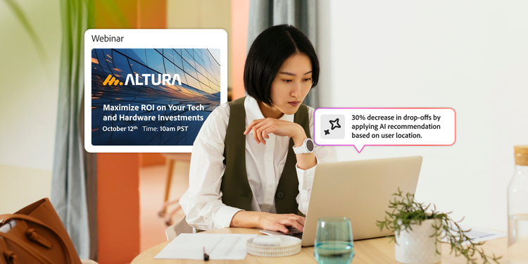 Woman sitting at a laptop. Overlays include webinar content on how to improve marketing results with AI.