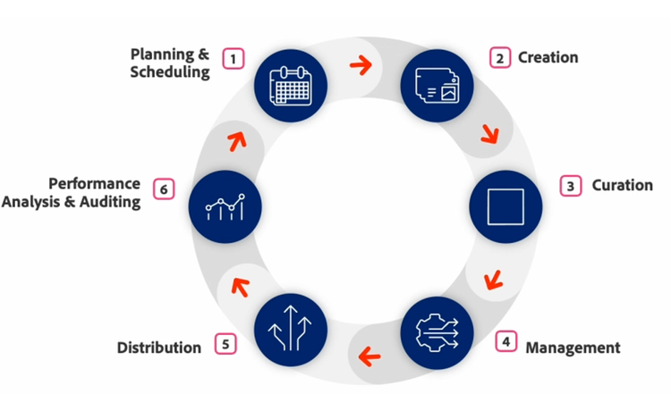 A circular diagram illustrating the information lifecycle.The steps are: (1) Planning & Scheduling, (2) Creation, (3) Curation, (4) Management, (5) Distribution, and (6) Performance Analysis & Auditing.
