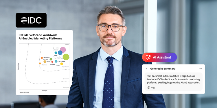 Business professional standing beside IDC MarketScape chart highlighting Adobe as a leader in AI-enabled marketing platforms.