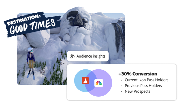 Illustration of a skier on a snowy mountain slope with a large snow-covered rock formation resembling a face. Overlay graphics display text