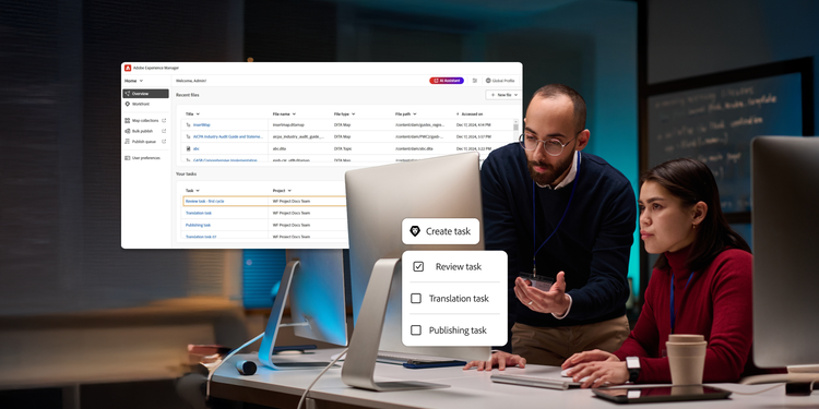 A man and woman working at a computer, discussing work management tasks. Overlaid with an Adobe Experience Manager dashboard and a task checklist.