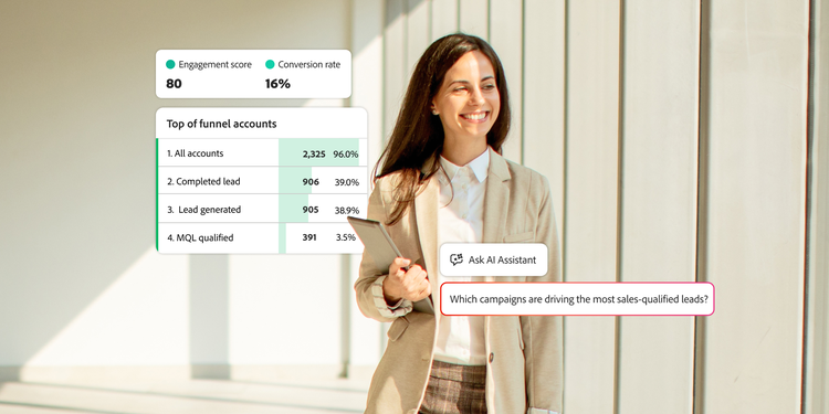 Smiling woman in office attire. Overlays with account-based marketing metrics including engagement scores and conversion rates.