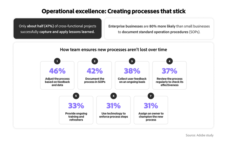 Infographic showing how team ensures new processes aren't lost over time.