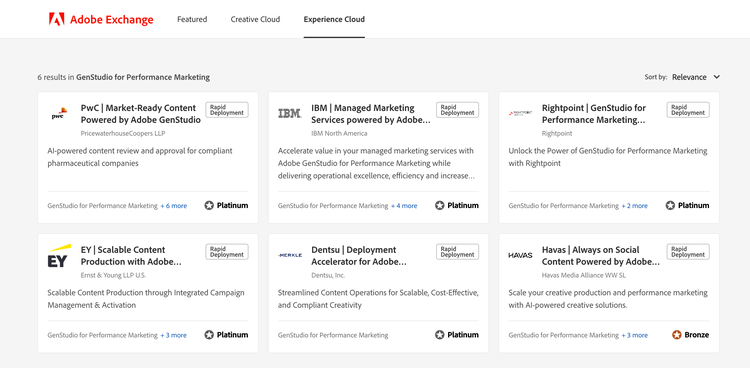 The Adobe Exchange shows several search results for Adobe Rapid Deployment Solutions Partners, including Dentsu, PwC, EY, IBM, Rightpoint, Havas.
