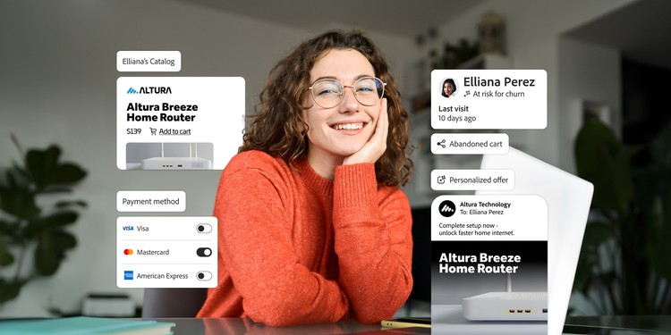 Smiling woman with glasses alongside product and payment visuals.