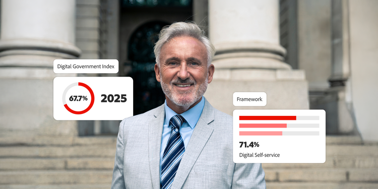 Smiling professional in front of government building, with charts showing 2025 digital governance and self-service metrics.