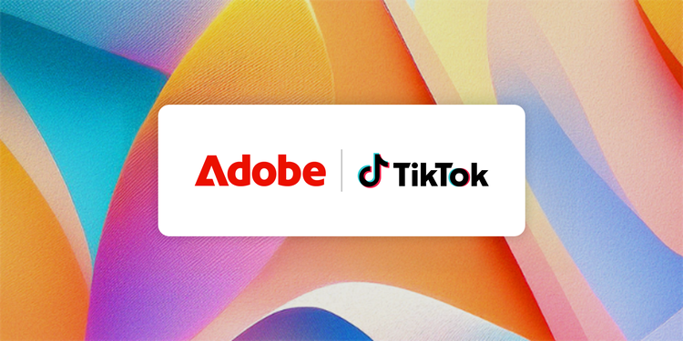 Adobe and TikTok logos on a colourful abstract background.