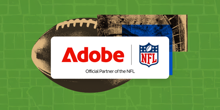 Adobe and NFL logos overlaid on a football and textured background, representing a partnership between Adobe and the NFL.