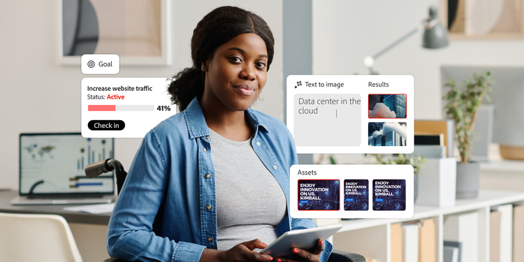 A woman holding a tablet in an office environment, with an overlay of digital interface elements. These include goal tracking (