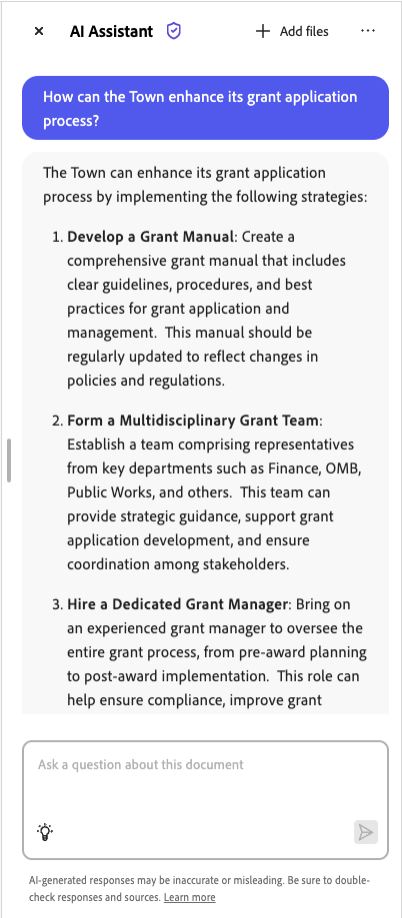 A screenshot of an AI Assistant interface displaying a response to the question,