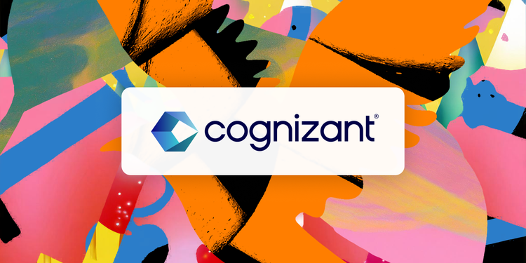 Cognizant logo centred on a vibrant, abstract background with overlapping brush strokes in orange, pink, blue and yellow.