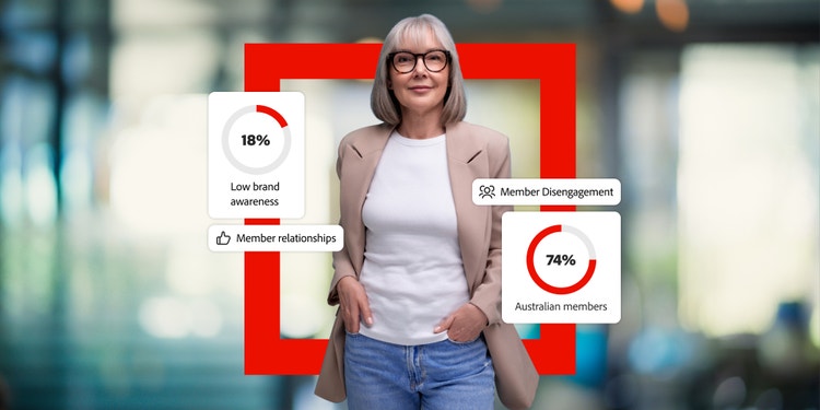 Woman in front of a blurred office background, framed by a bold red square. Floating graphics display statistics around her.