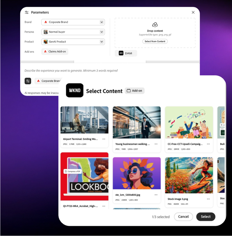 Extensibility integration with a digital asset management system showing a box of various content images and a parameters box.