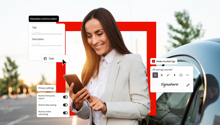 A businesswoman uses her smartphone outdoors with overlaid Adobe Acrobat tools showcasing e-signature, metadata editing, and privacy settings.