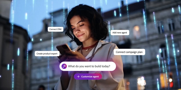 A person smiling and interacting with their smartphone outdoors at dusk, surrounded by digital interface elements labelled