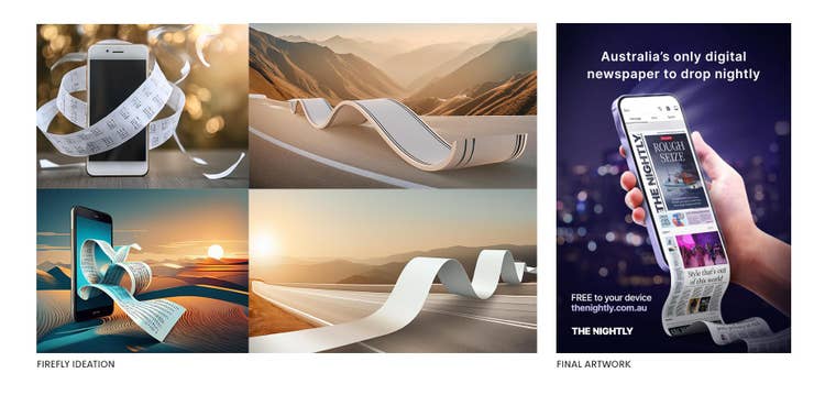 Image of creative ideas generated by Adobe Firefly compared to the final published artwork.