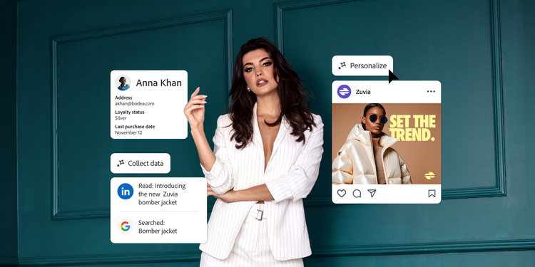 Woman in white suit surrounded by digital elements showing customer data, search history and personalised marketing content on an app interface.