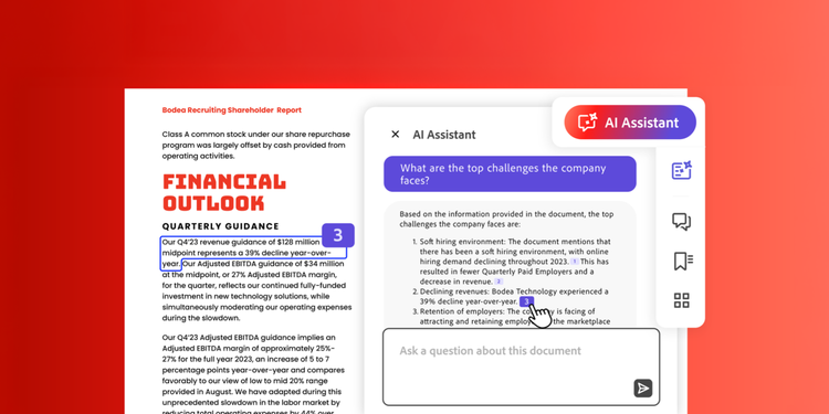 Adobe Acrobat AI Assistant product interface showcasing how AI Assistant can provide PDF summaries and answers.