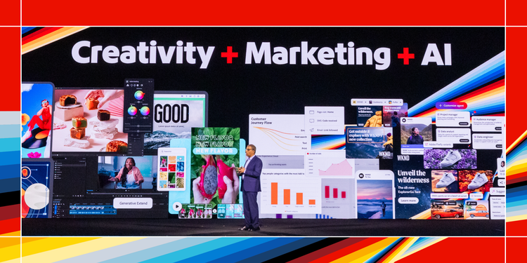 A speaker stands on stage in front of a large screen displaying the phrase 'Creativity + Marketing + AI' with vibrant visuals of digital content, user interfaces, graphs and advertisements, illustrating the integration of artificial intelligence in creative marketing. The stage is framed by a bold, colourful border with dynamic lines in red, blue, yellow and black.