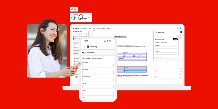 User signing and filling forms digitally across mobile and desktop.