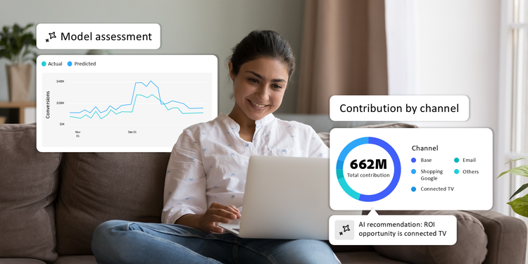 A marketing professional using Adobe Mix Modeler to view channel impact and AI-driven ROI insights.