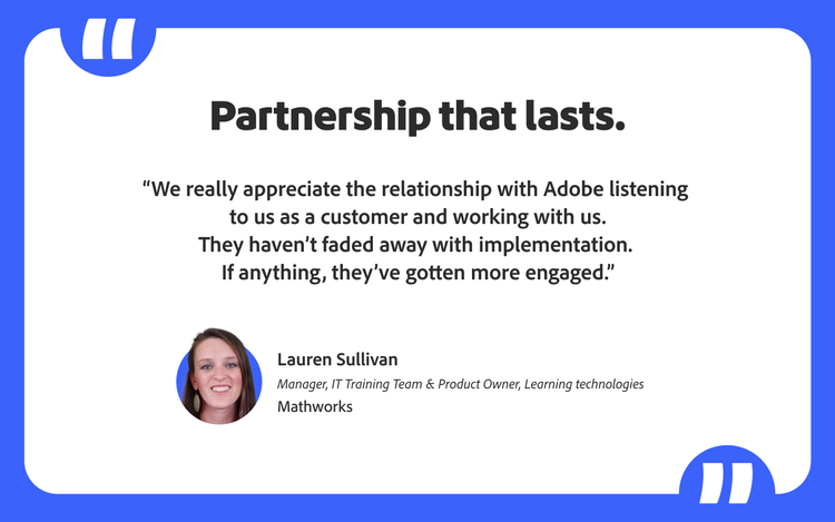 Customer quote from Lauren Sullivan, MathWorks, displayed in a styled callout with attribution and speaker photo.