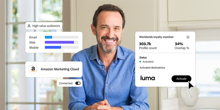 Smiling man in blue shirt with digital graphics showing audience data, Amazon Marketing Cloud connection and loyalty member profile stats.
