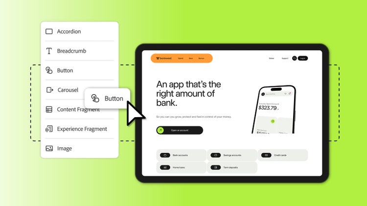 A menu of drag-and-drop website building options with a button being dropped into the Bankwest website home page.