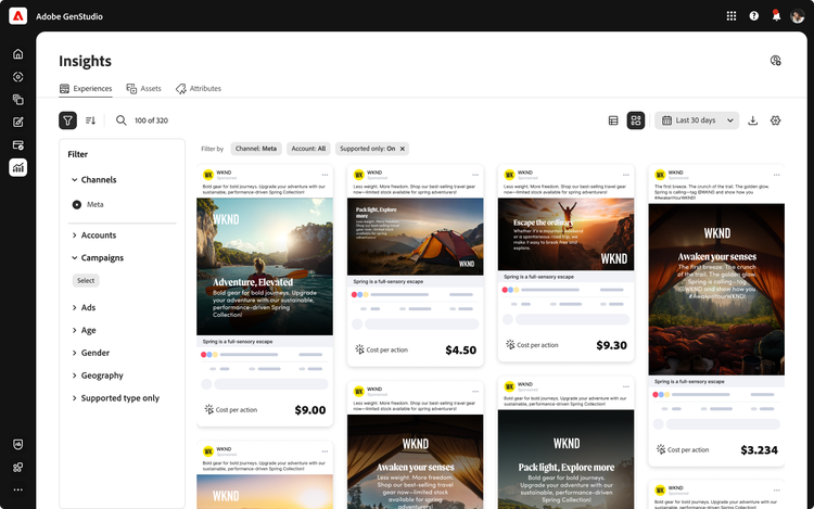 Adobe GenStudio Insights page with Meta results selected.