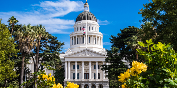 The California State Capitol in Sacramento, California, which houses the California Legislature as well as offices of the Secretary of State, Treasurer and Governor of California.