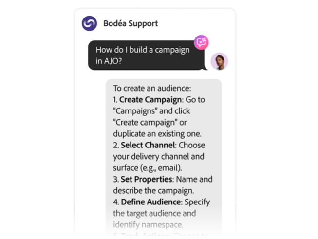 Example chat conversation with AI Assistant for Bodéa Support.