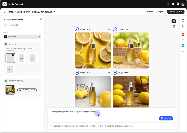 Adobe GenStudio image prompt page creating image variations of lemons and a bottle with white cap.