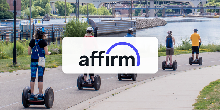 People riding on Segway personal transporters in an outdoor area. Overlaid with Affirm logo.