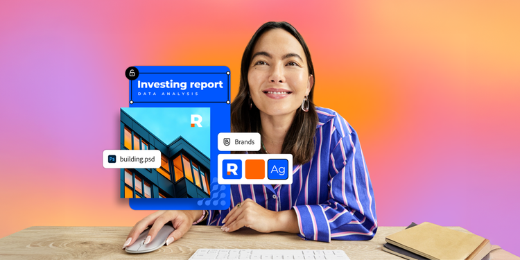 A smiling woman seated at a desk, using a computer mouse, illustrating the use of Adobe Express to create an investing report document. The graphic highlights features such as brand consistency and integrated collaboration with Adobe Photoshop files and brand management tools.