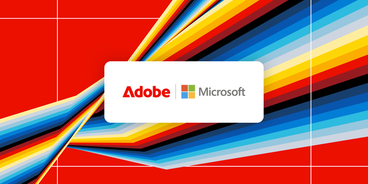 Adobe and Microsoft logos side by side on a white rectangular background, centred over a dynamic, multicolored ribbon pattern with shades of blue, red, yellow and black on a red grid backdrop.