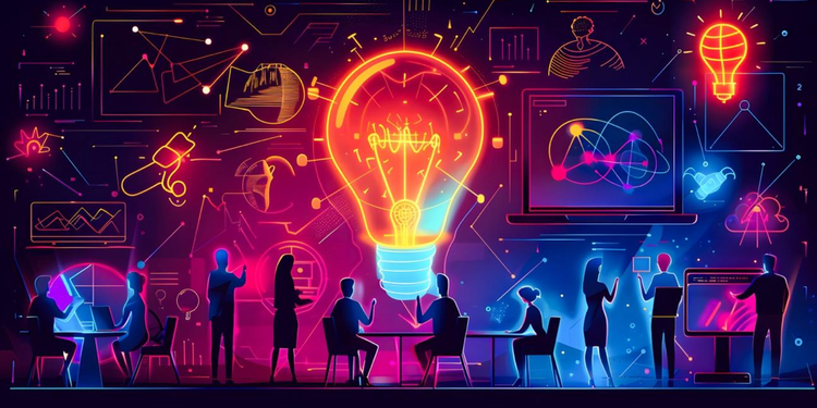 Animated image of people in work settings, overlayed with a lightbulb glowing warmly.
