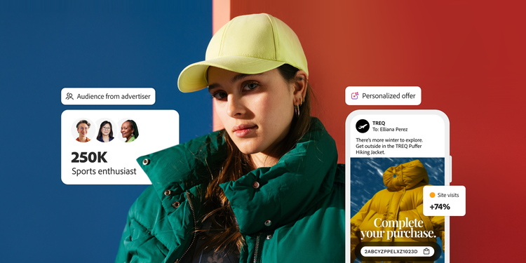 A retail marketer analyses an AI-driven campaign showing a personalised jacket offer to sports enthusiasts, increasing site visits by 74%.