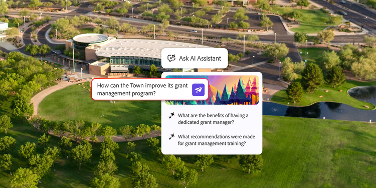 Aerial view of a civic or municipal building surrounded by greenery, walking paths and a pond. Overlaid on the image is a user interface mockup with an AI assistant feature. A highlighted question asks,