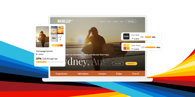A stlylised digital graphic of a travel website displayed on a laptop screen, featuring a homepage banner with an image of a surfer walking along the beach at sunset. The website, labelled 'WKND.FLY,' includes navigation options such as 'Destination,' 'Check-in,' 'Packages,' and 'Book a Flight.'