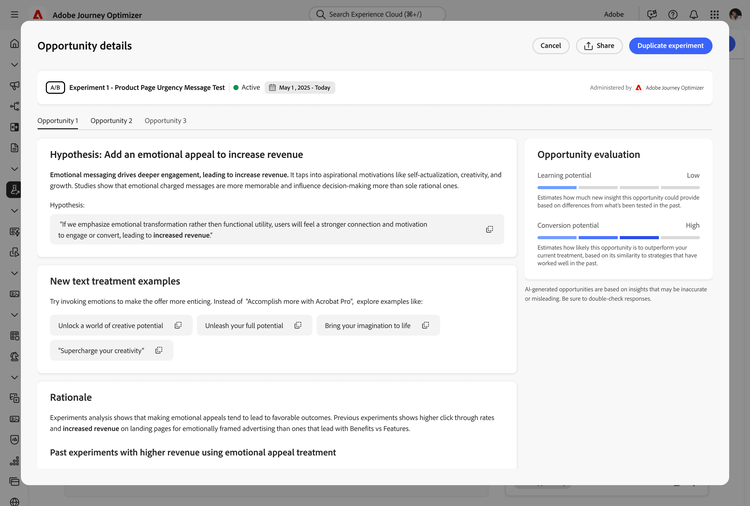 A view of the opportunity details pertaining to this experiment, with an rationale for how it should perform perform against the current treatment