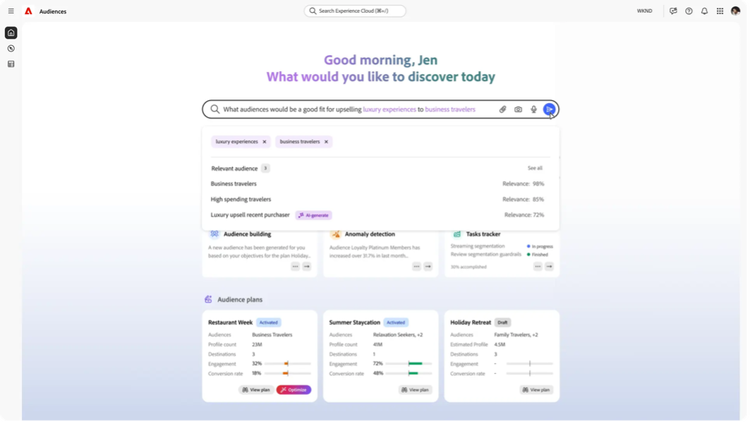 Screenshot Adobe Experience Cloud Audiences product for understanding which audiences would be a good fit for upselling.
