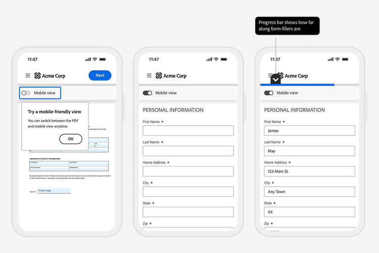 Acme Corp enrolment form adapted into mobile-friendly fields.