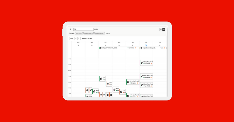Adobe Journey Optimizer roadmap showing a weekly calendar of live journeys and campaigns