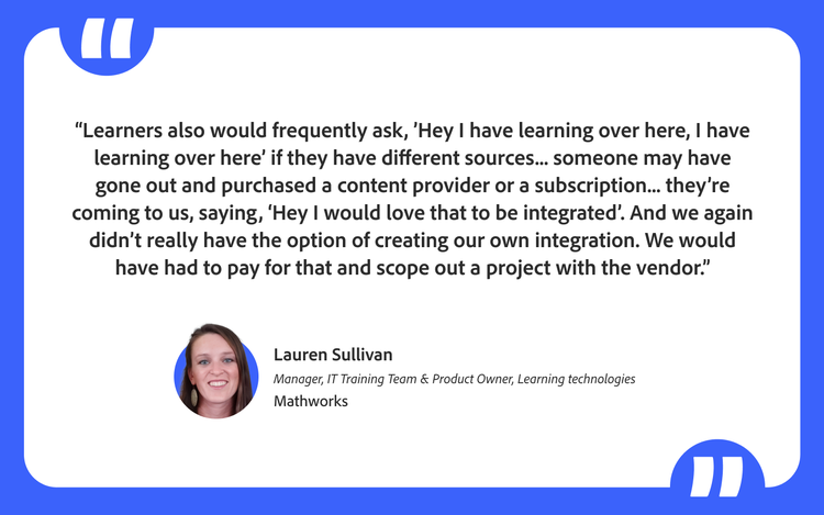 Customer quote from Lauren Sullivan, MathWorks, displayed in a styled callout with speaker photo and attribution.