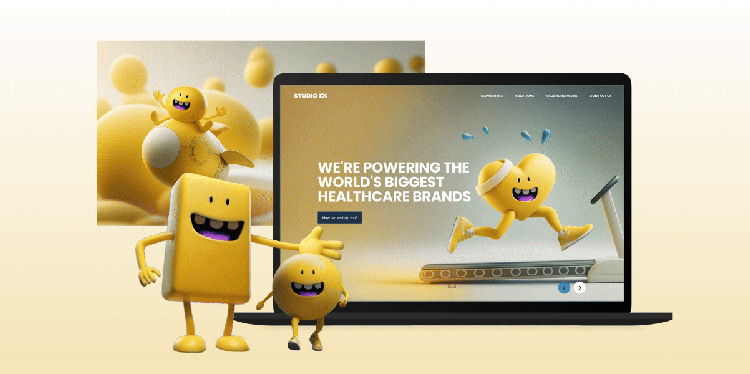 Animated image with yellow cartoon characters, and a laptop and smartphone with Studio RX website displayed.
