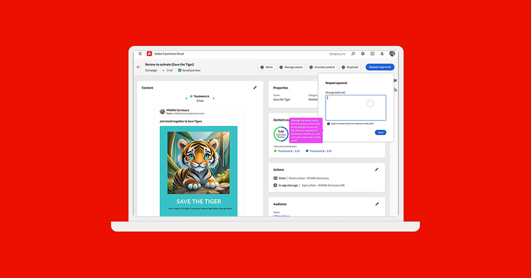 “Save the Tiger” campaign in Adobe Experience Cloud, featuring email preview, approval request and roadmap update on quiet hours.