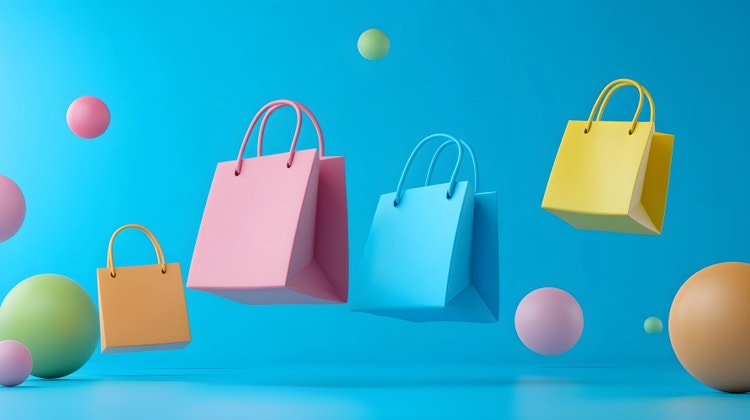 Colourful shopping bags floating among pastel spheres on a bright blue background.